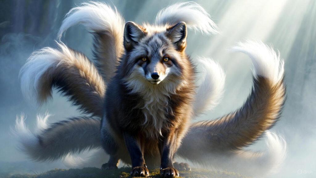 a 9 tailed fox in the morning light