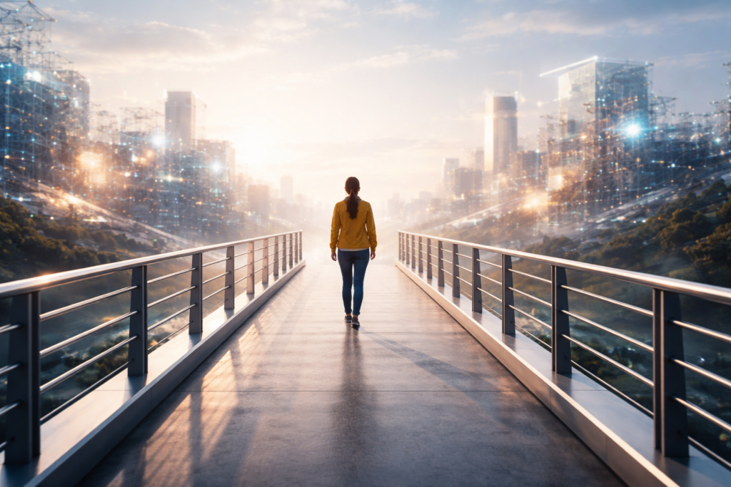 A person walking along an elevated path with guardrails, facing an open futuristic city, suggesting guidance without confinement.