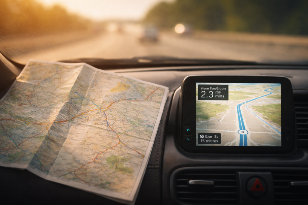 A paper road map spread across a car dashboard beside a glowing GPS screen, blending analog and digital navigation.