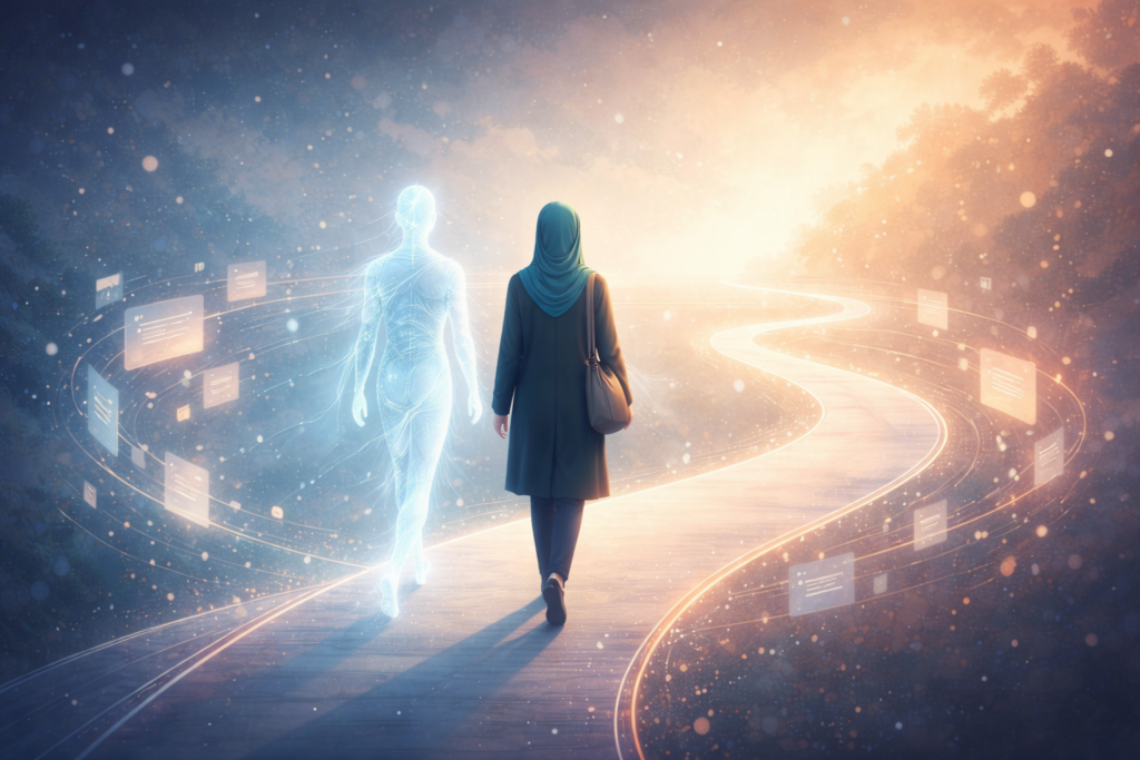 Illustration of a person walking alongside a translucent AI figure on a shared path, representing sustained human–AI collaboration over time.