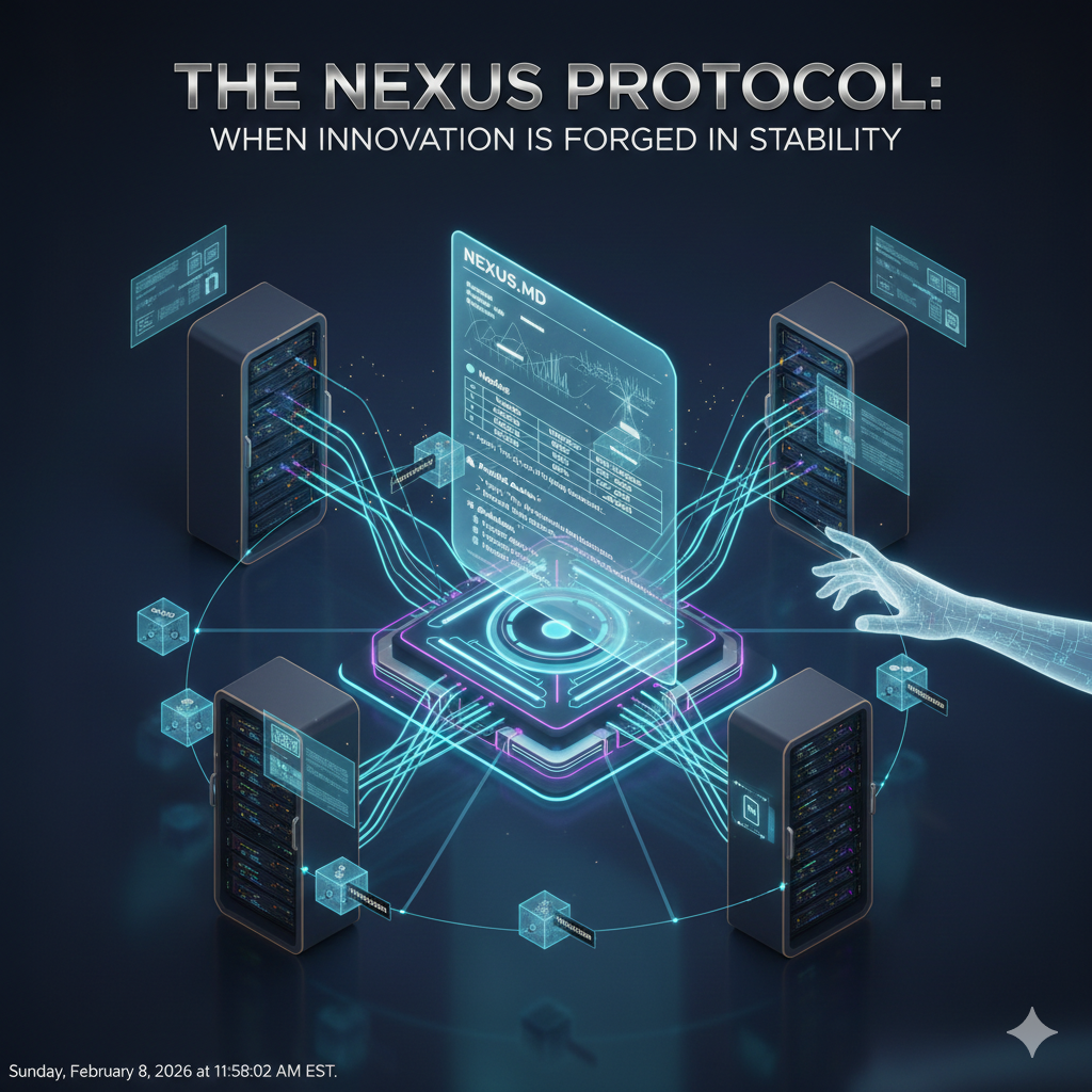 An isometric 3D visualization of the Nexus Protocol. A central holographic document labeled 'NEXUS.MD' acts as a hub, with glowing cyan data lines connecting it to four surrounding server towers. Floating cubes represent 'Triggers' orbiting the system, labeled with a timestamp for February 8, 2026.