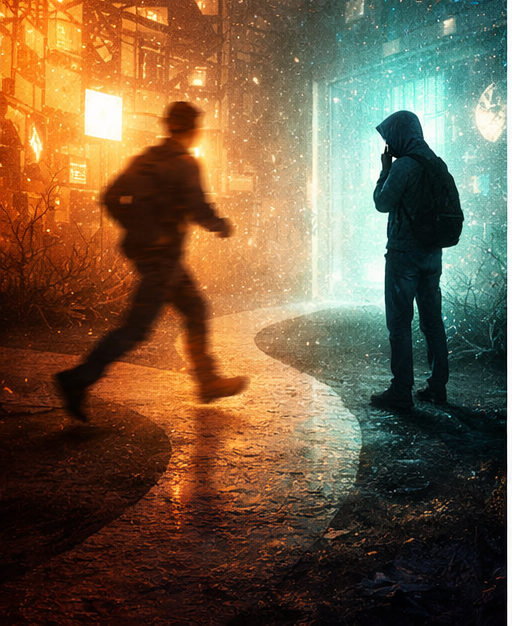 A figure pauses at a glowing boundary while another rushes forward into chaotic light, symbolizing the contrast between cautious and improvisational AI agents.