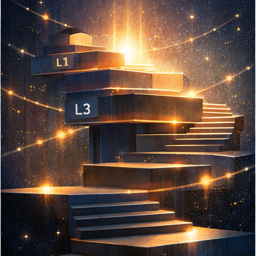 A staircase of illuminated platforms rising upward in a dark space, representing AI autonomy earned through testing, guardrails, and measured trust.